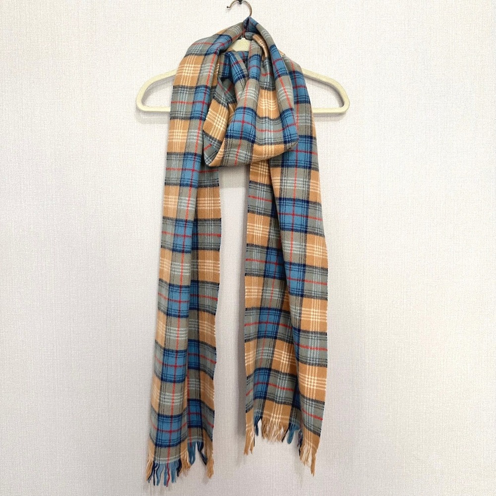 Vintage The Scotch House Tartan Plaid Wool Scarf Tan Blue Fringed Long Oversized